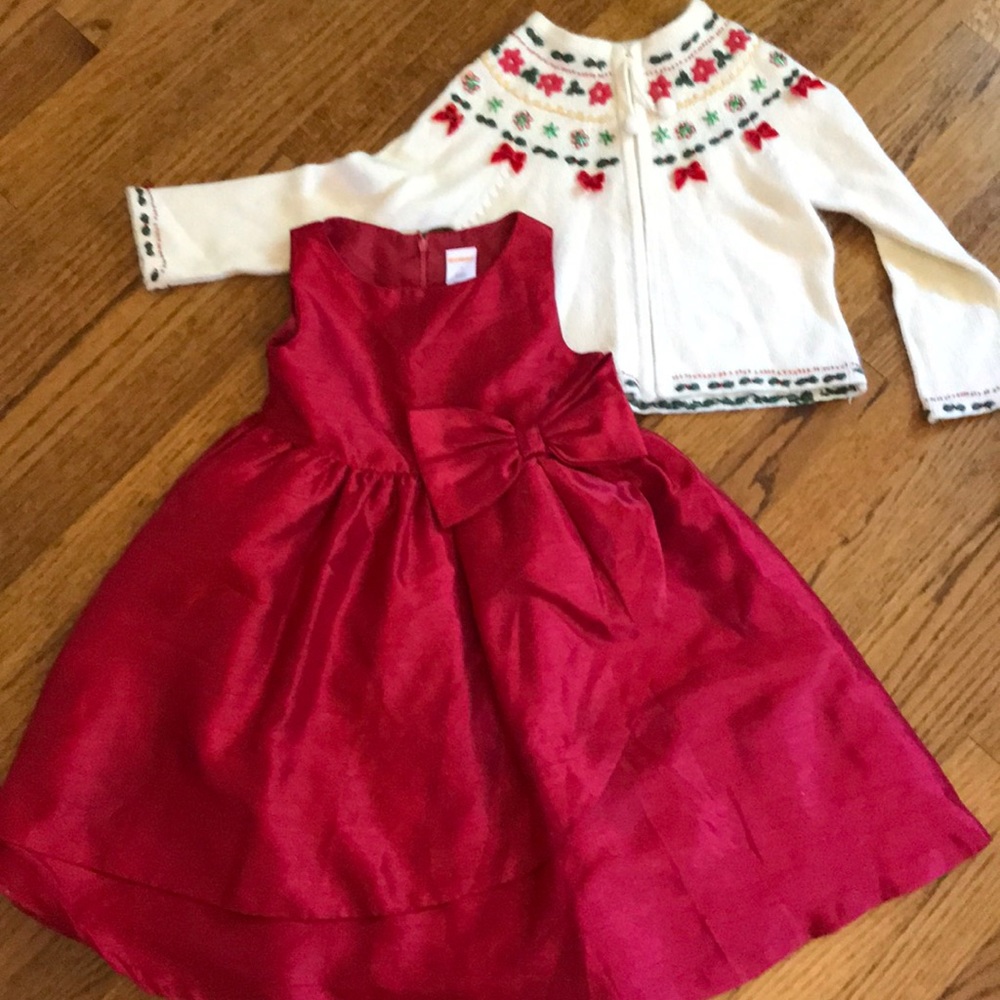 Red formal dress and holiday cardigan